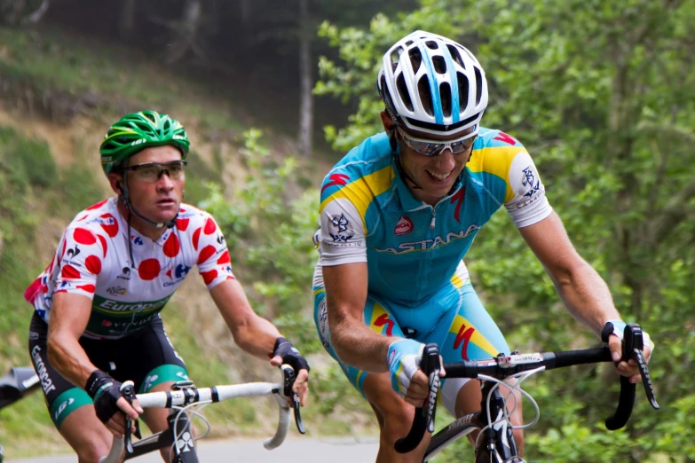 the two men are on their bikes in the field