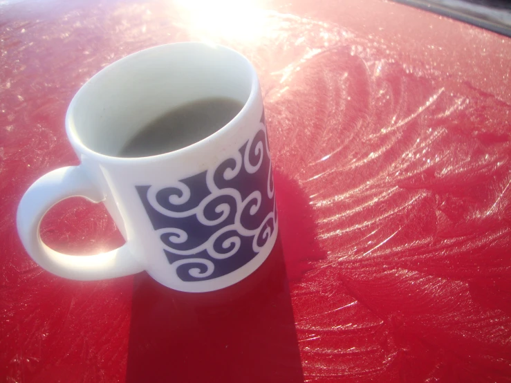 a mug on a table that is filled with liquid