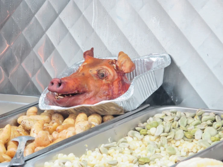 a pig head is sitting on a container above other foods