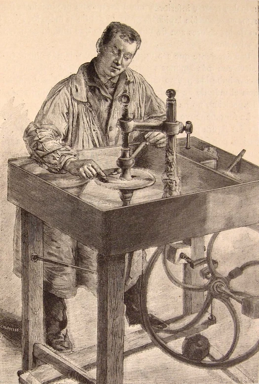 an antique engraving shows a man operating a sewing machine