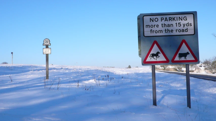 a sign saying that there is no parking in the snow