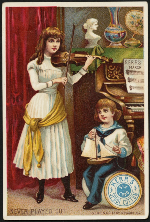 a postcard with a girl playing violin while holding another boy