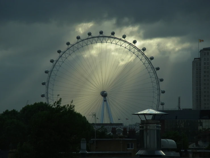 a ferris wheel that is in front of some buildings