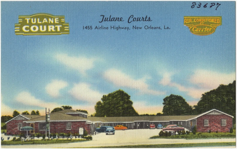 an old postcard shows a red and yellow building