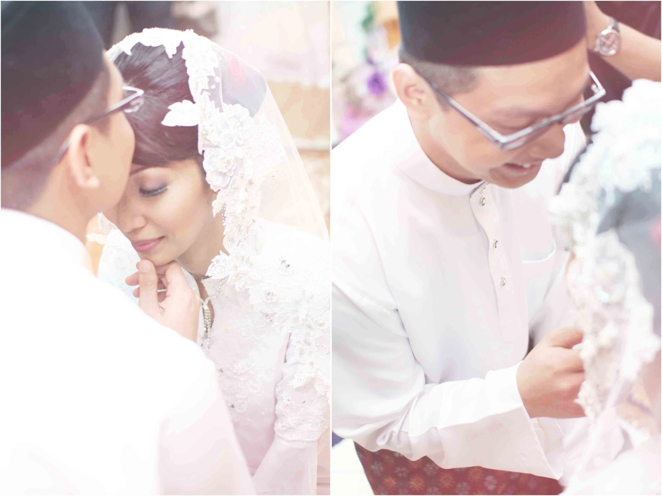 a man standing next to a woman while wearing a wedding dress