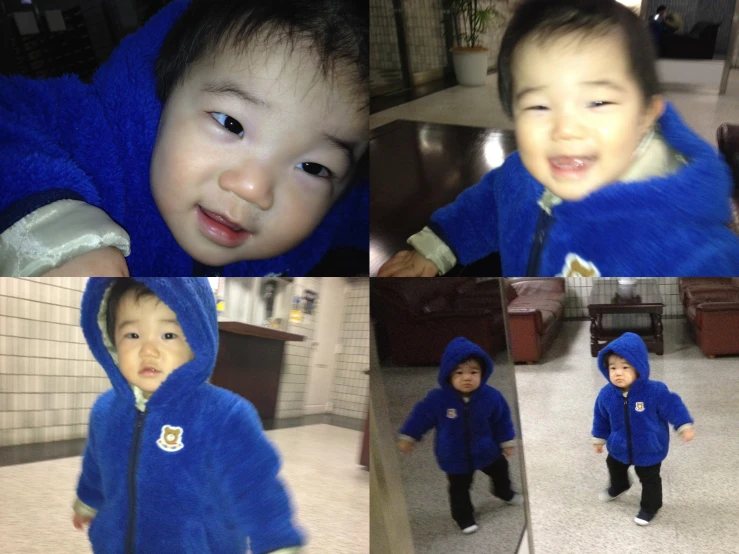 four images of a young child wearing blue