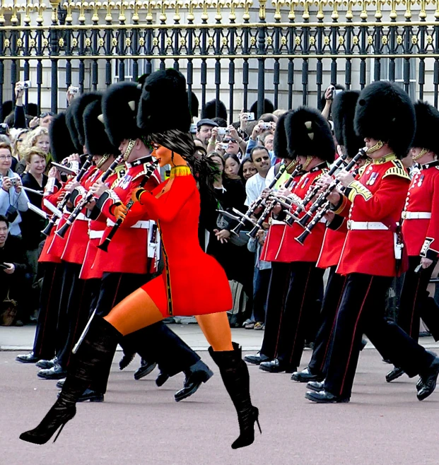 the band was marching through the streets while their costumed ensemble is in action