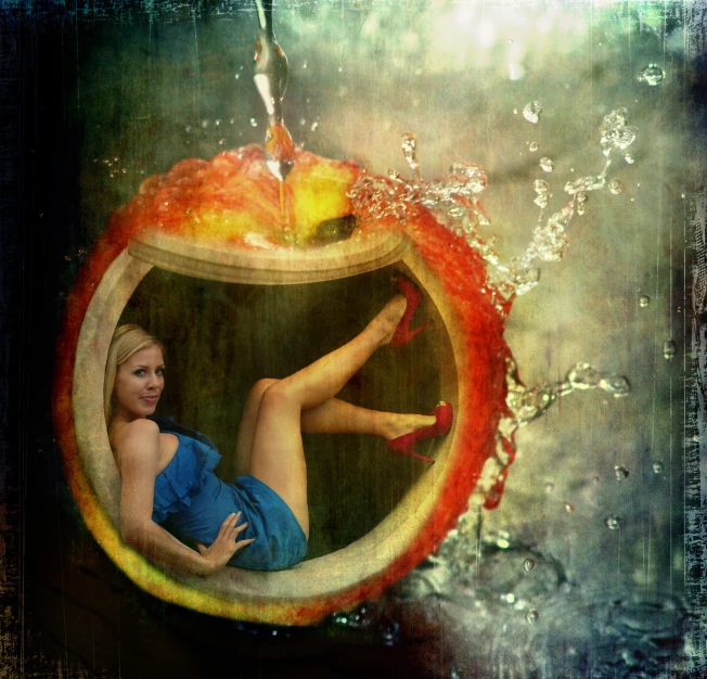 a woman in a blue dress and apple hanging from strings