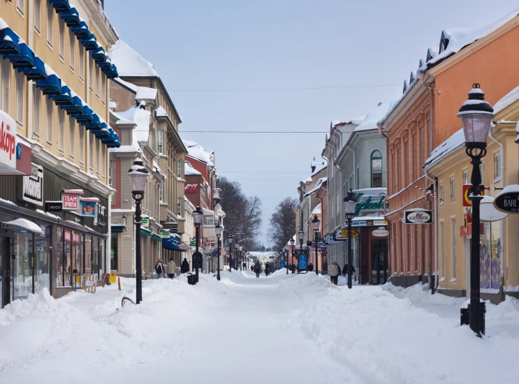 snow is blanketing a street in a town