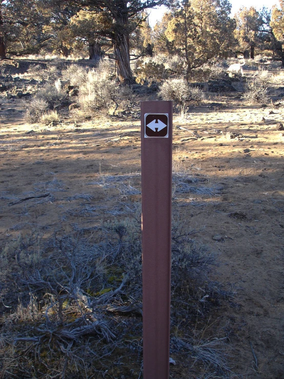 an arrow pointing to two arrows on a red metal sign in a wooded area