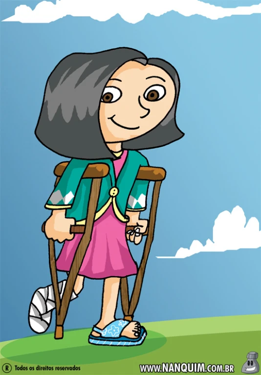a cartoon of a woman with crutches and broken arm