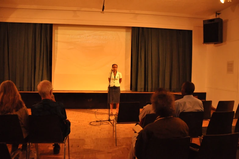 an audience watching a woman speak on a stage