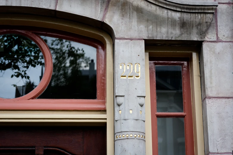 a door on the side of a building with windows