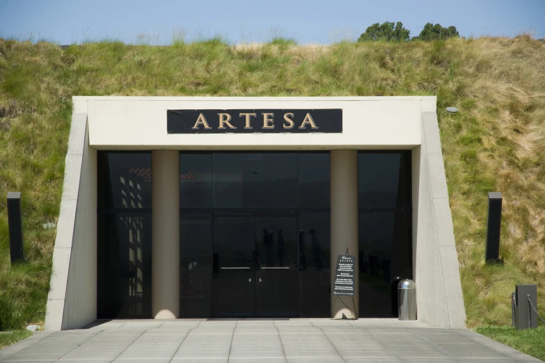 a building with black walls and green grass