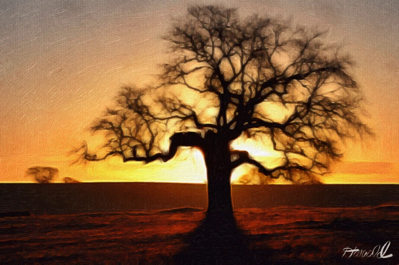 a painting of a tree with a sunset in the background