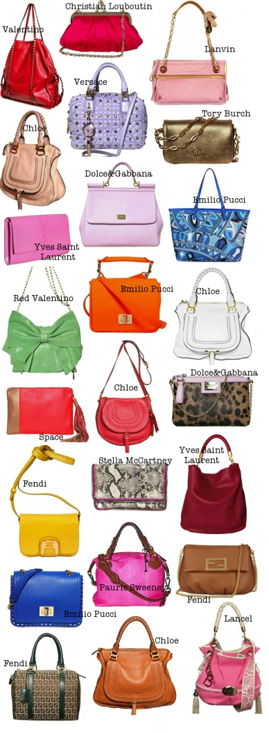 various purses with names on it