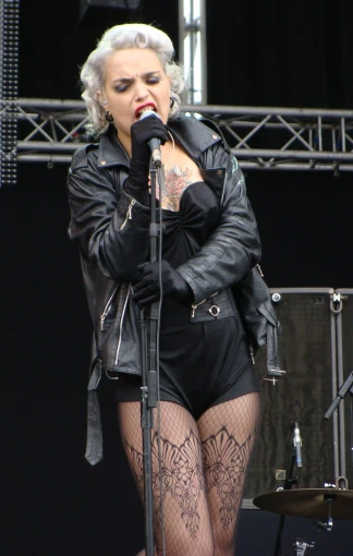 lady in fishnet stockings singing into microphone