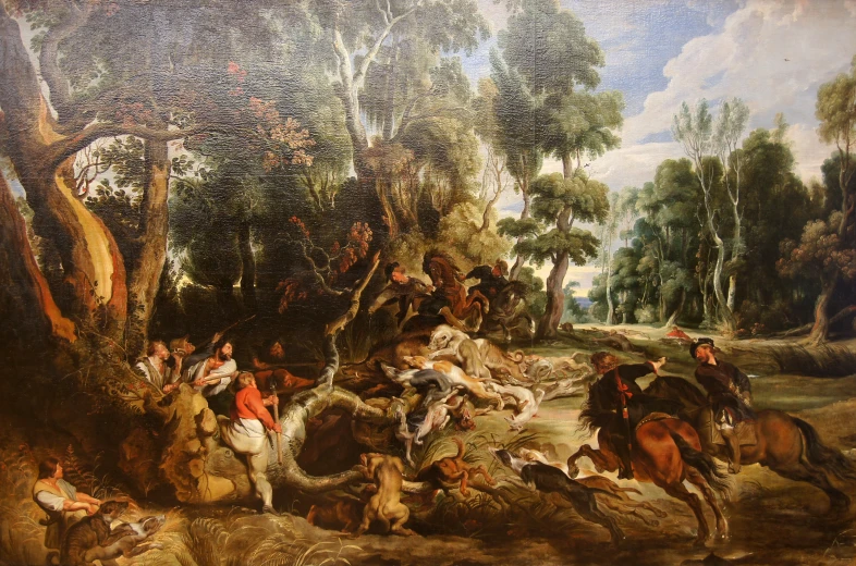 this painting depicts an oil on canvas of a horse and riders in the woods
