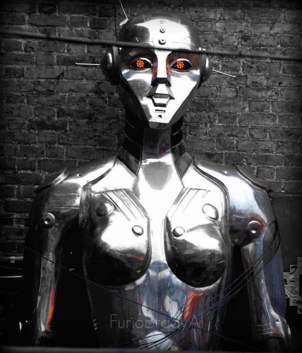 a woman is wearing metallic clothing with red eyes