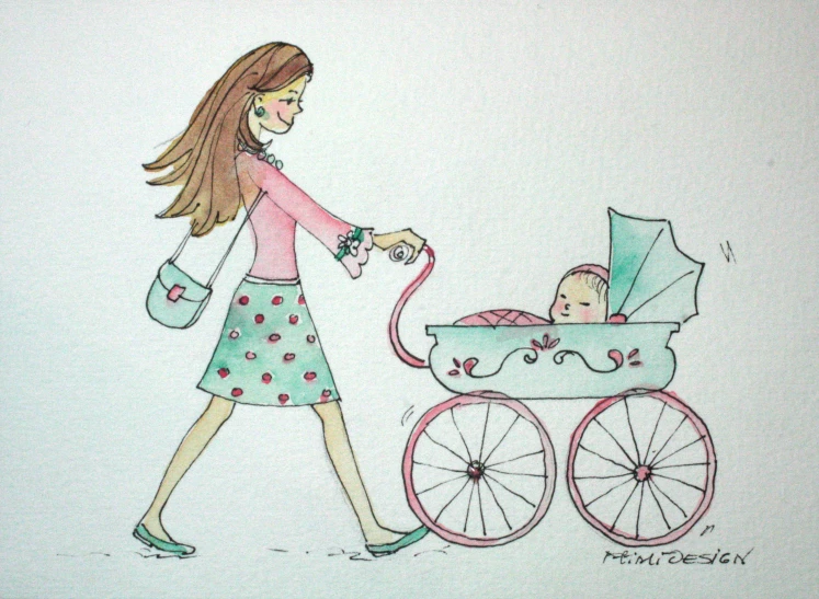 drawing of woman walking with baby carriage, wearing polka dots