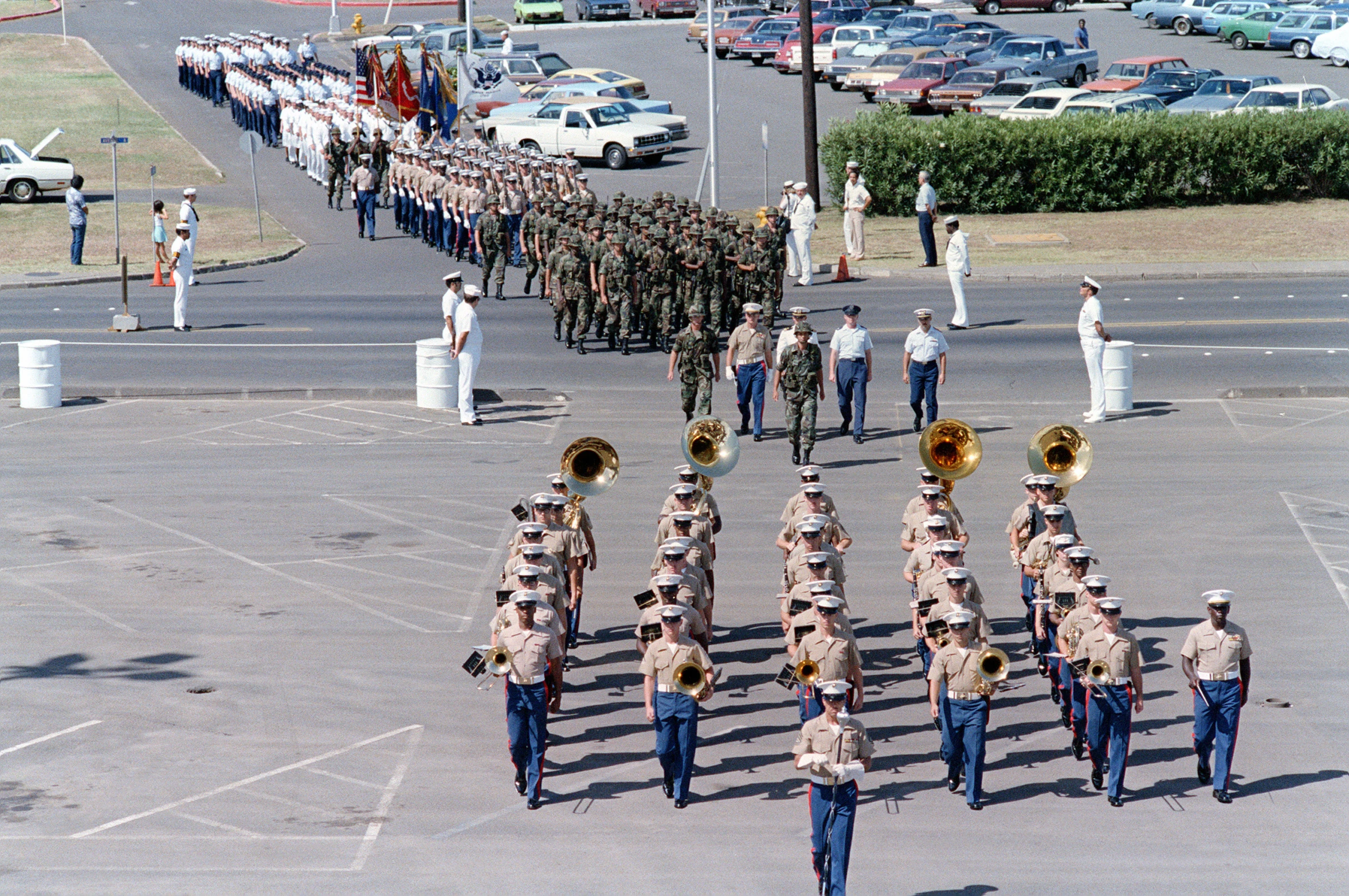 an aerial view of a marching band in action