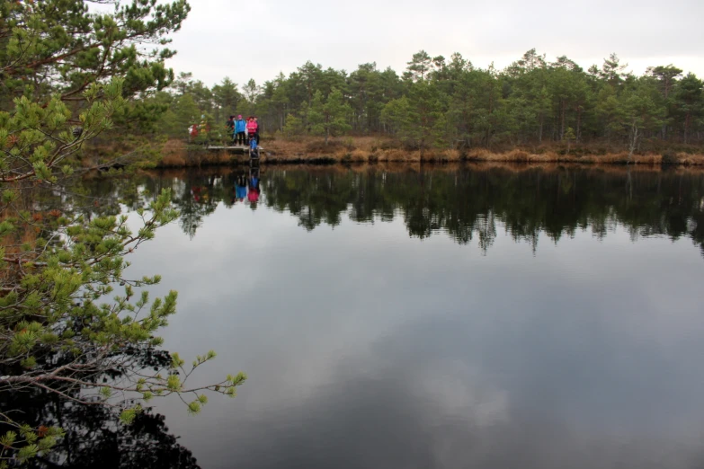 some trees water and people walking by a lake