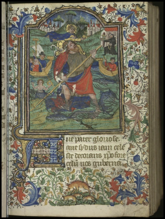 a medieval illuminated mcript containing a scene of a knight kneeling