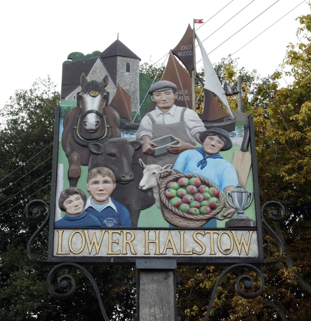 a sign with some people and animals on it