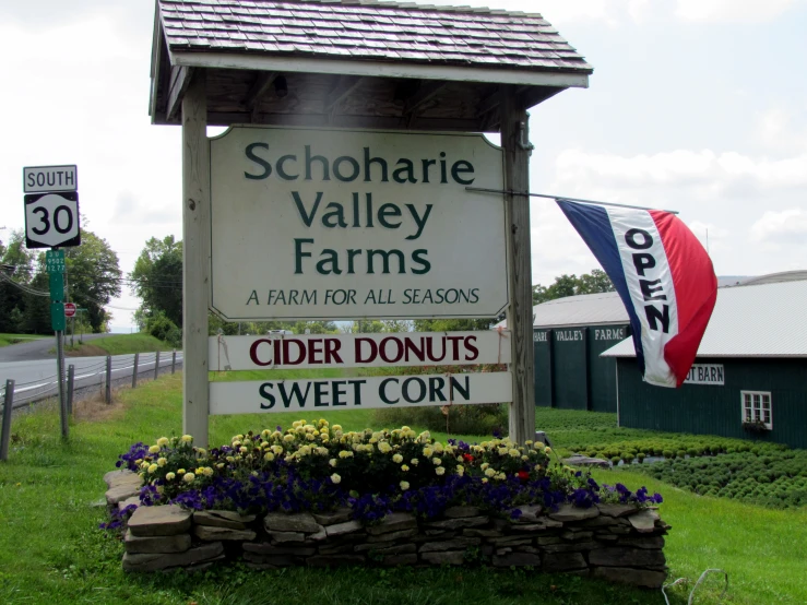 a sign advertising a farm with flowers in the grass and a flag in the background