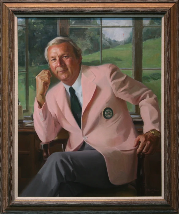 a painting depicting an elderly man with a pink suit and tie