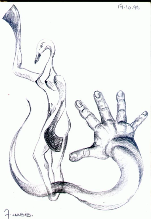 a drawing of two hands with a flamingo on it