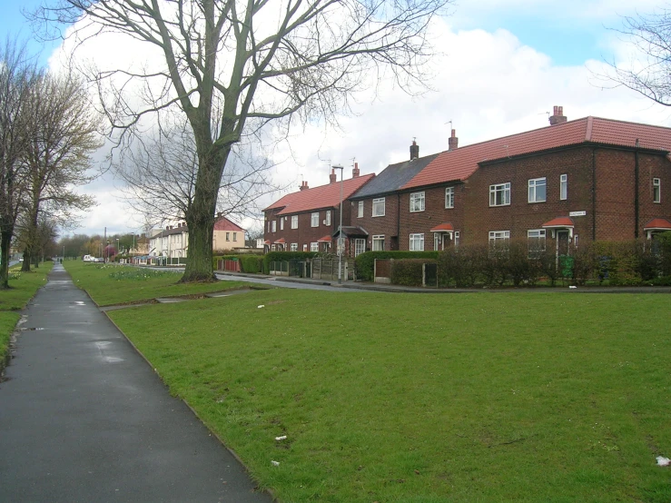 residential homes on grassy area with walkway and paved path