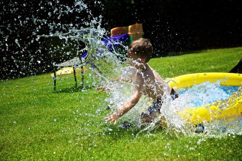 a boy with  on playing in the water