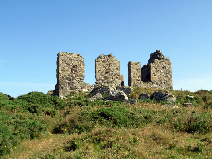 some grass bushes and stone buildings on a hill