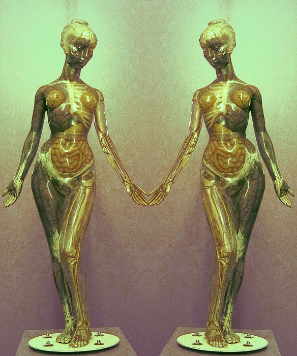 a pair of female gold statues holding hands
