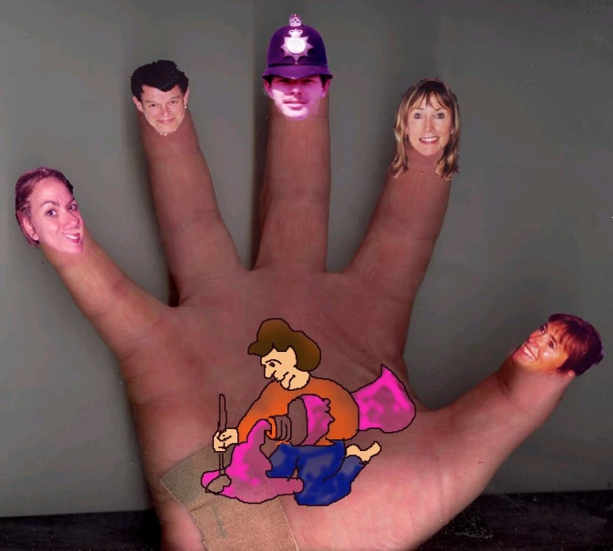 five people in front of an adult hand with the image of a plumber on it