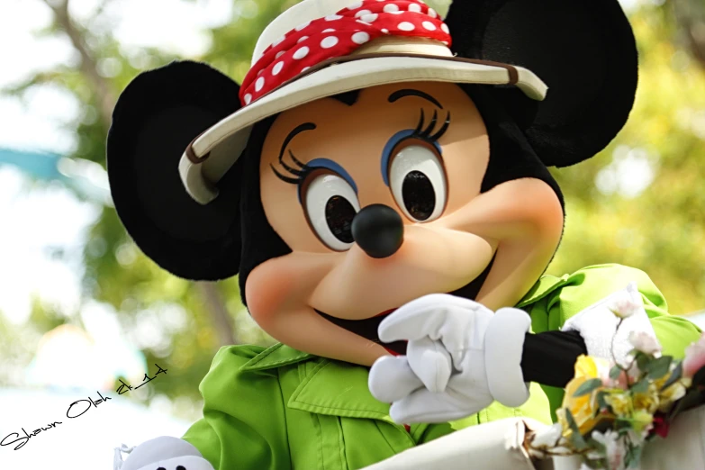 a close up of minnie mouse face wearing a hat