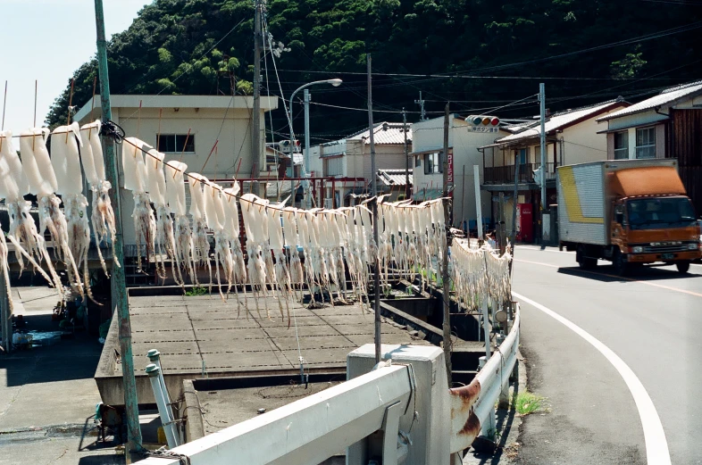 many boats tied to the line beside a city street