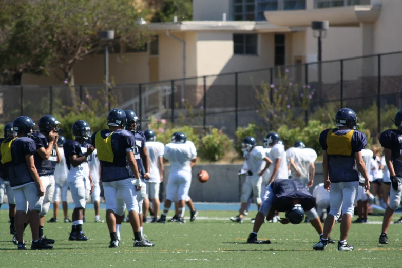 a group of football players stand in a line on the field