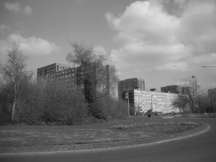 buildings and grass on the side of a city road