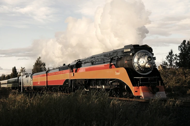 a train with large steam engines drives through a field