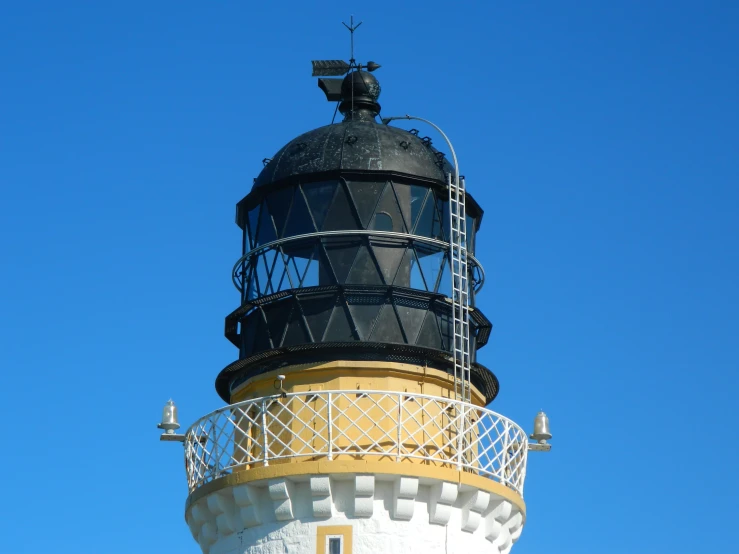 the top of the lighthouse against a clear blue sky