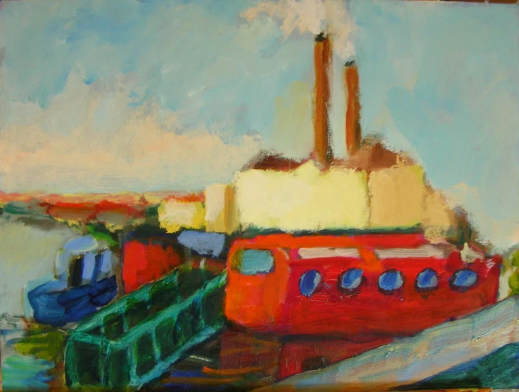 a painting depicting a big red, orange boat near the docks