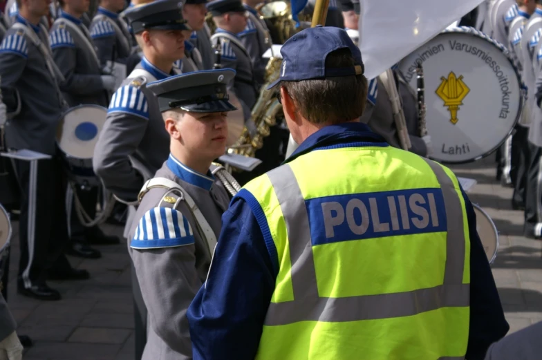 police band members in uniform are in formation
