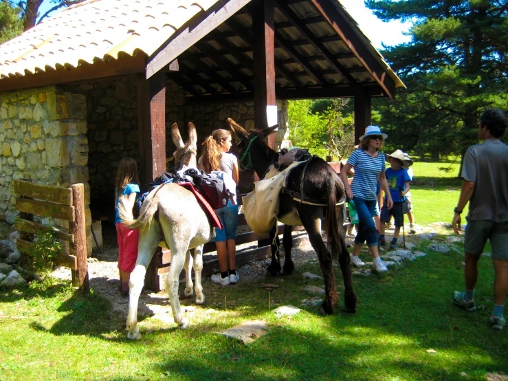 two children riding on top of horses in front of a hut