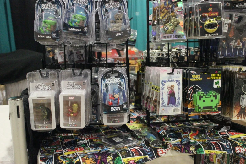 a booth in a toy store filled with cartoon figures