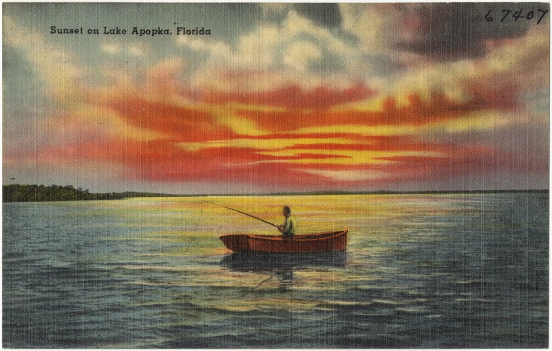 the sunset shows a colorful cloud, and the boat is in the water