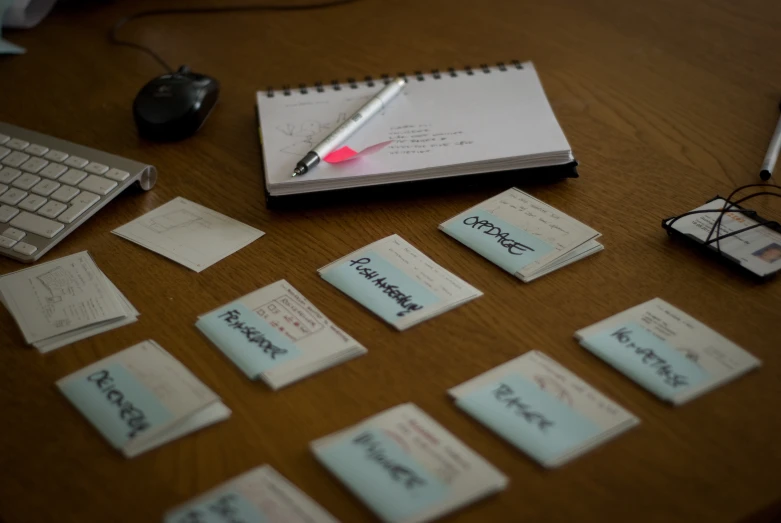 a desk with many sticky notes sitting next to a computer