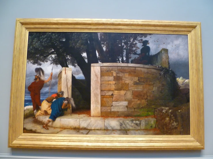 an oil painting of two people in front of an open wall