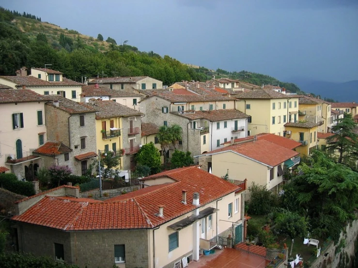 several buildings along a steeple on a hill side